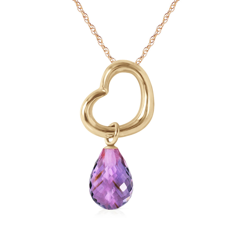 14K Solid Yellow Gold Heart Necklace w/ Dangling Natural Amethyst