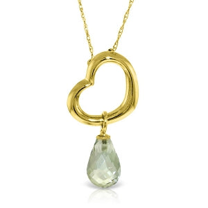 14K Solid Yellow Gold Heart Necklace w/ Dangling Natural Green Amethyst
