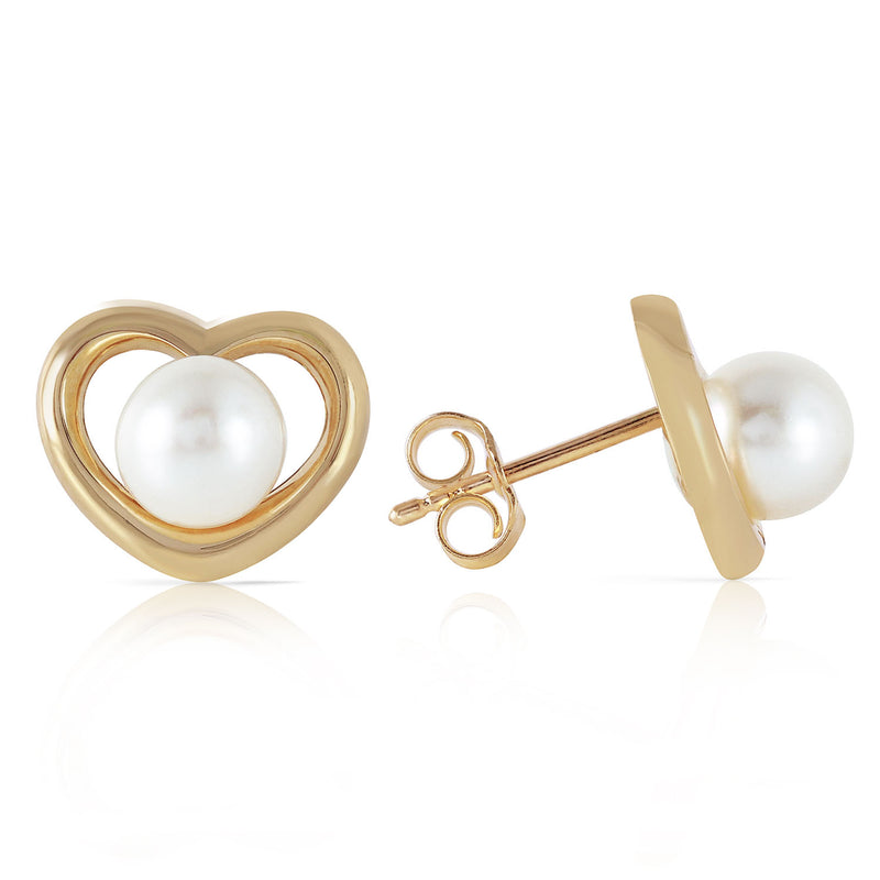 14K Solid Yellow Gold Heartstud Earrings w/ Natural Pearls