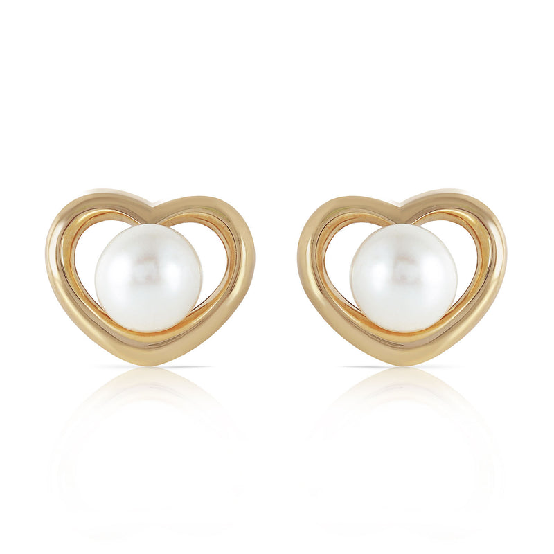 14K Solid Yellow Gold Heartstud Earrings w/ Natural Pearls