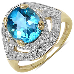 14K Yellow Gold Plated 3.25 Carat Genuine Swiss Blue Topaz .925 Sterling Silver Ring
