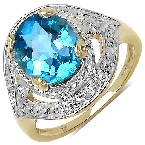 14K Yellow Gold Plated 3.25 Carat Genuine Swiss Blue Topaz .925 Sterling Silver Ring