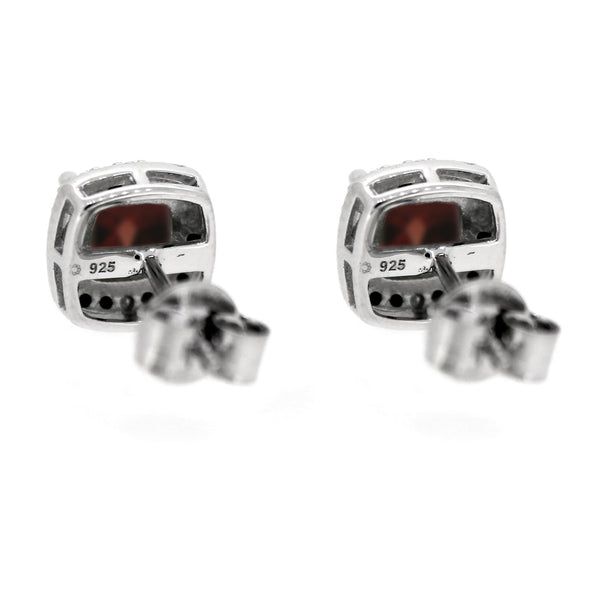 925 Sterling Silver Women Halo Cushion Stud Earring Red Garnet