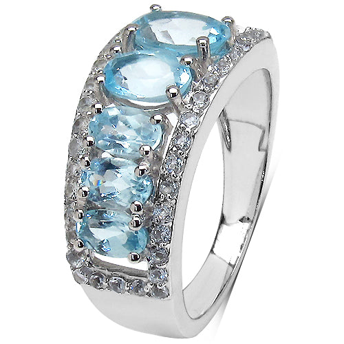 2.75 Carat Genuine Blue Topaz & White Topaz .925 Sterling Silver 5 Stone Ring