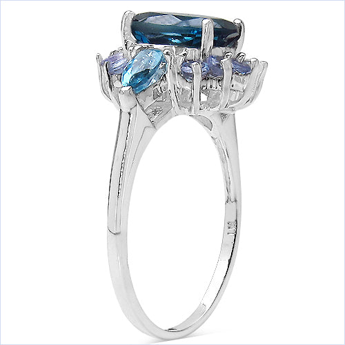 3.29 Carat Genuine London Blue Topaz , Swiss Blue Topaz & Tanzanite .925 Sterling Silver Ring