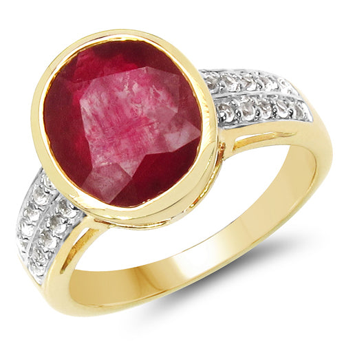 14K Yellow Gold Plated 4.30 Carat Genuine Glass Filled Ruby & White Topaz .925 Sterling Silver Ring