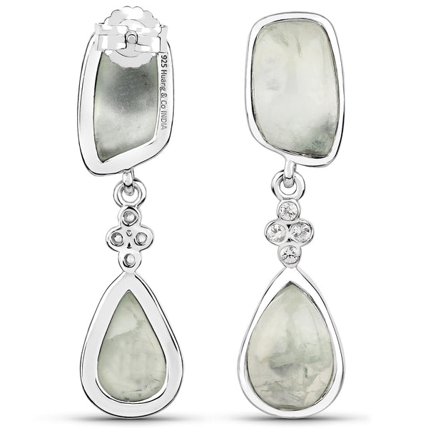 14.48 Carat Genuine Prehnite and White Topaz .925 Sterling Silver Earrings