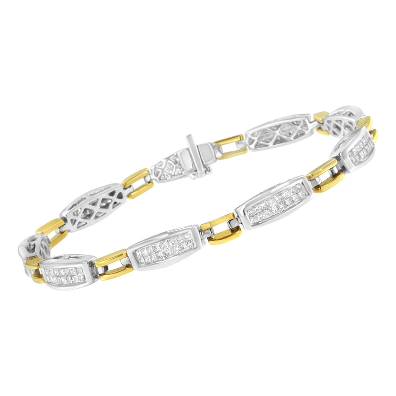 14K Yellow and White Gold 2.0 Cttw Princess Cut Diamond Tapered and Equal Sign Link Bracelet (G-H Color, SI1-SI2 Clarity) - 7"