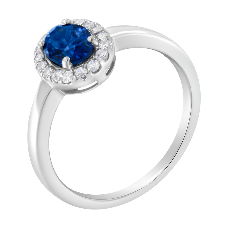 10K White Gold 1/5 Cttw Round Diamond and Prong Set 7MM Created Blue Sapphire Halo Cocktail Ring (H-I Color, I1-I2 Clarity) - Size 7