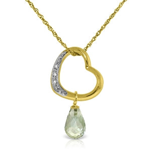 14K Solid Yellow Gold Heart Natural Diamond & Green Amethyst Necklace