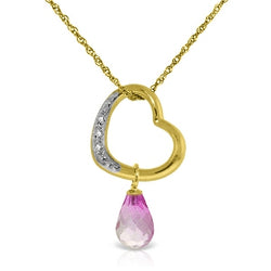 14K Solid Yellow Gold Heart Necklace w/ Natural Diamond & Pink Topaz