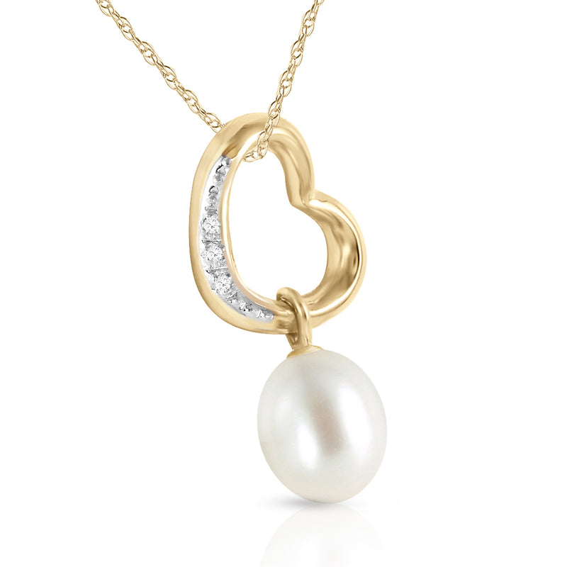 14K Solid Yellow Gold Heart Necklace w/ Natural Diamond & Pearl