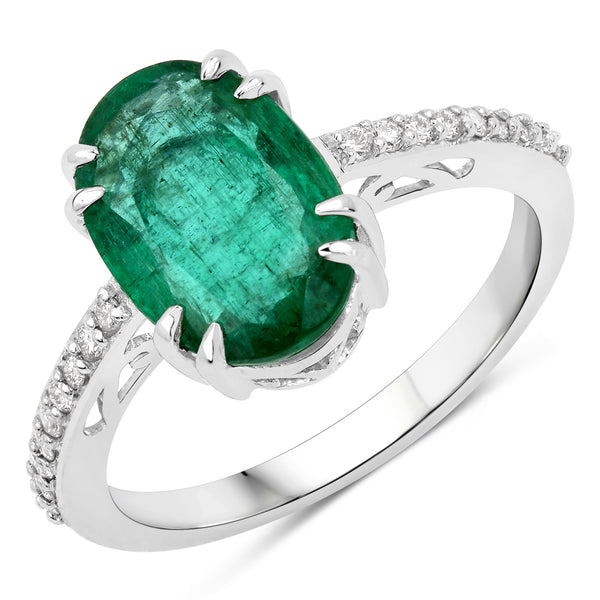 2.96 Carat Genuine Zambian Emerald and White Diamond 14K White Gold Ring