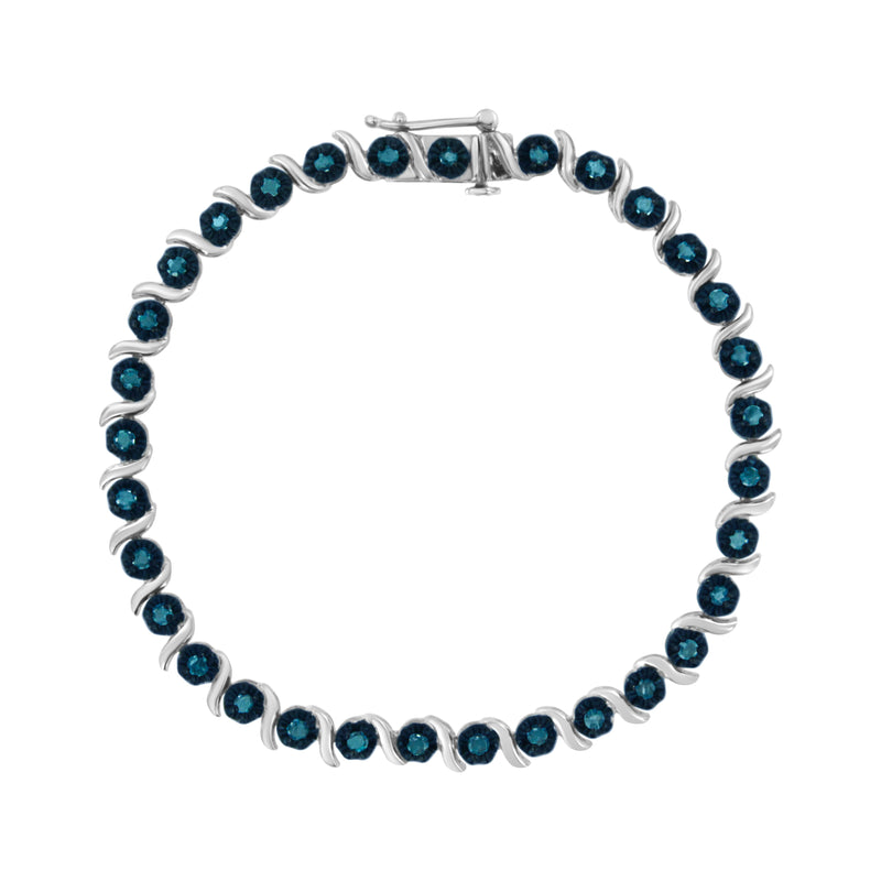 .925 Sterling Silver 1.0 Cttw Diamond Spiral Wave Curved-Link 7" Tennis Bracelet (Enhanced Blue Color, I1-I2 Clarity)