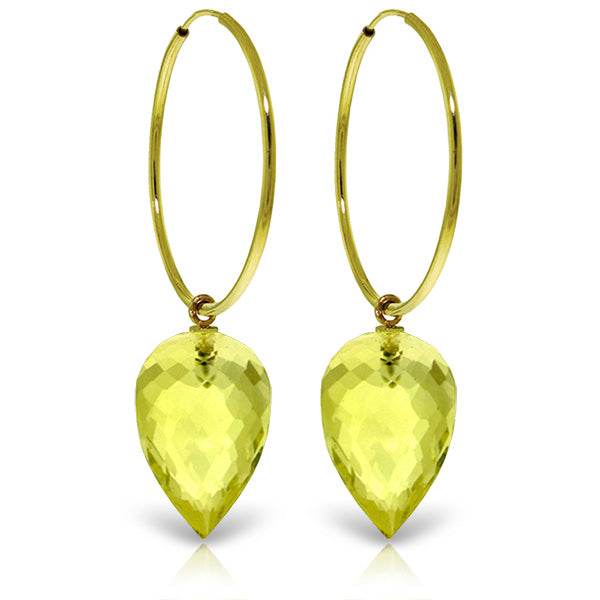 14K Solid Yellow Gold Hoop Earrings w/ Pointy Briolette Drop Lemon Quartz