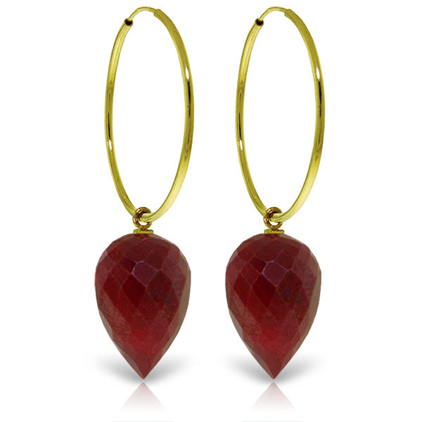 14K Solid Yellow Gold Hoop Earrings w/ Pointy Briolette Drop Dyed Rubies