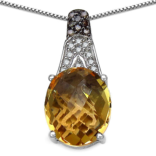 4.50 Carat Genuine Citrine, Champagne Diamond & White Diamond .925 Sterling Silver Pendant