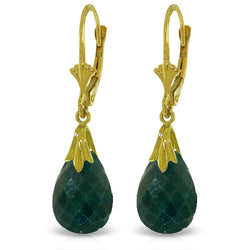 14K Solid Yellow Gold Leverback Earrings w/ Green Dyed Sapphires