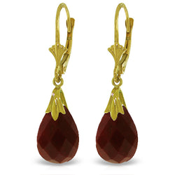 14K Solid Yellow Gold Leverback Earrings w/ Dyed Rubies