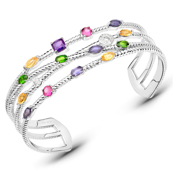 3.66 Carat Genuine Multi Stones .925 Sterling Silver Cuff Bangle