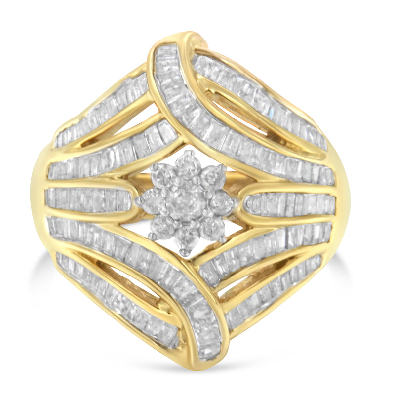 10K Yellow Gold Flashed .925 Sterling Silver 1-1/8 Cttw Round & Baguette Diamond 'Flower & Fern' Cluster Cocktail Fashion Ring (I-J Color, I2-I3 Clarity) - Size 6