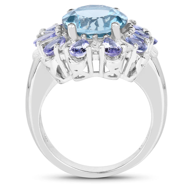 6.19 Carat Genuine London Blue Topaz, Tanzanite & White Topaz .925 Sterling Silver Ring