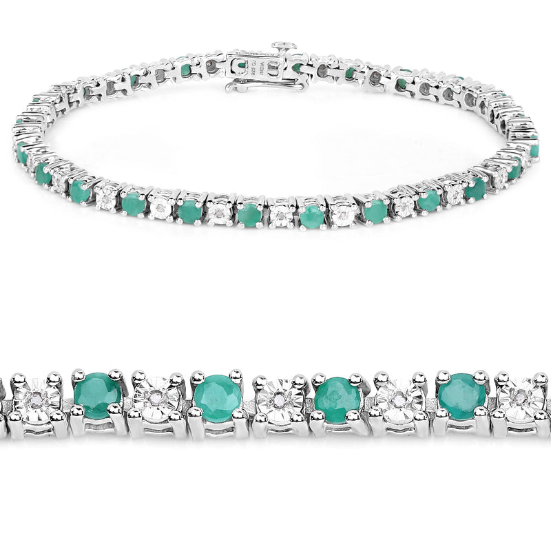 2.50 Carat Genuine Emerald and White Diamond .925 Sterling Silver Bracelet