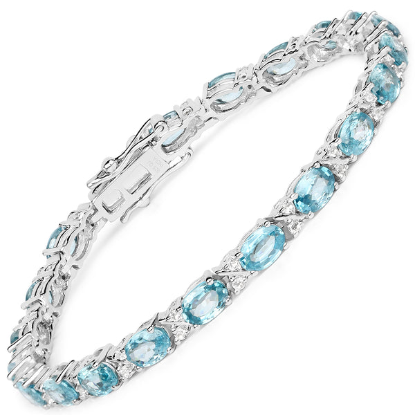 12.43 Carat Genuine Blue Zircon and White Topaz .925 Sterling Silver Bracelet