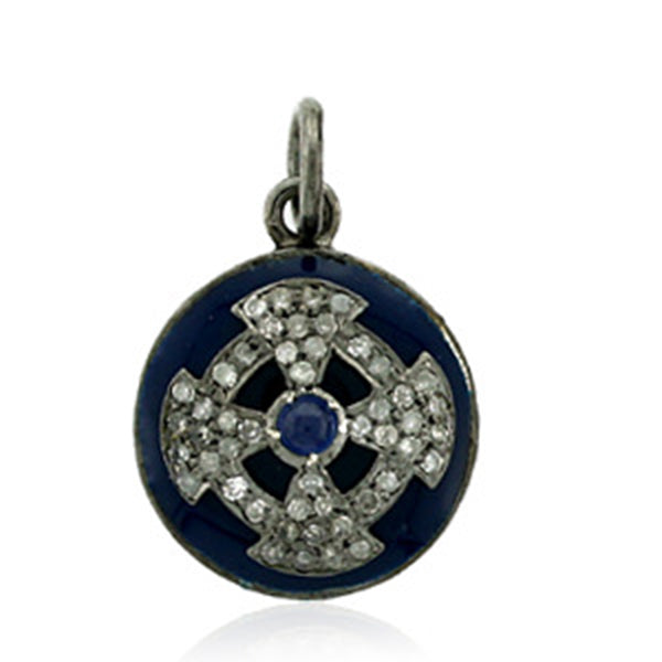 0.1ct Blue Sapphire Pave Diamond Enamel Pendant 925 Sterling Silver Jewelry