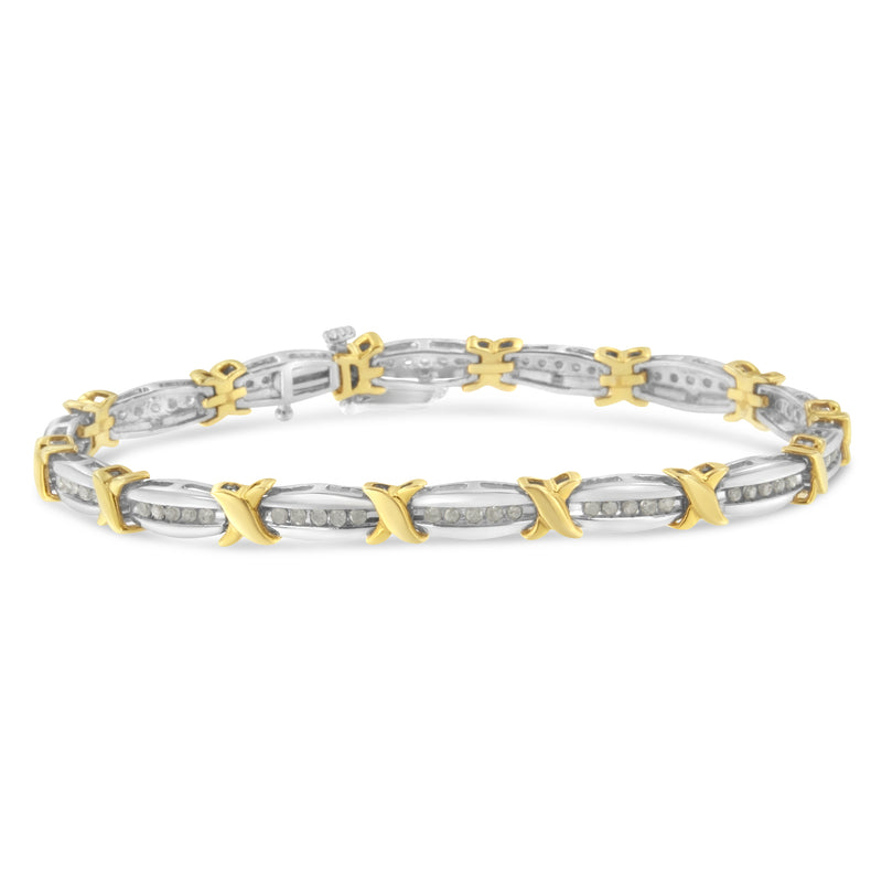 Two-Tone 10K Yellow Gold over .925 Sterling Silver 1.0 Cttw Diamond Channel Set Tapered & X-Link 7" Tennis Bracelet (H-I Color, I2-I3 Clarity)