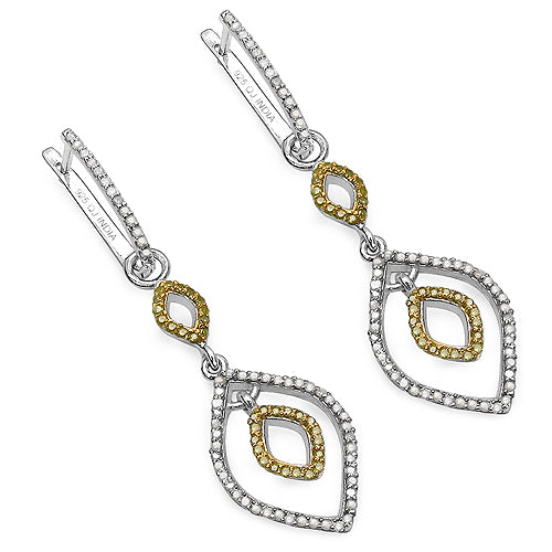 1.00 Carat Genuine White Diamond & Yellow Diamond .925 Sterling Silver Earrings