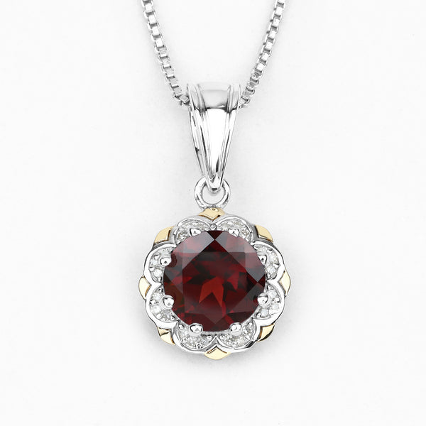 2.32 Carat Genuine Garnet and White Diamond 14K Yellow Gold with .925 Sterling Silver Pendant