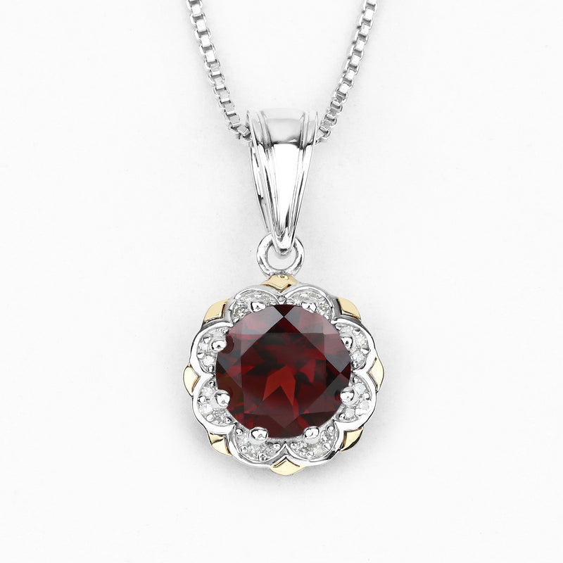 2.32 Carat Genuine Garnet and White Diamond 14K Yellow Gold with .925 Sterling Silver Pendant