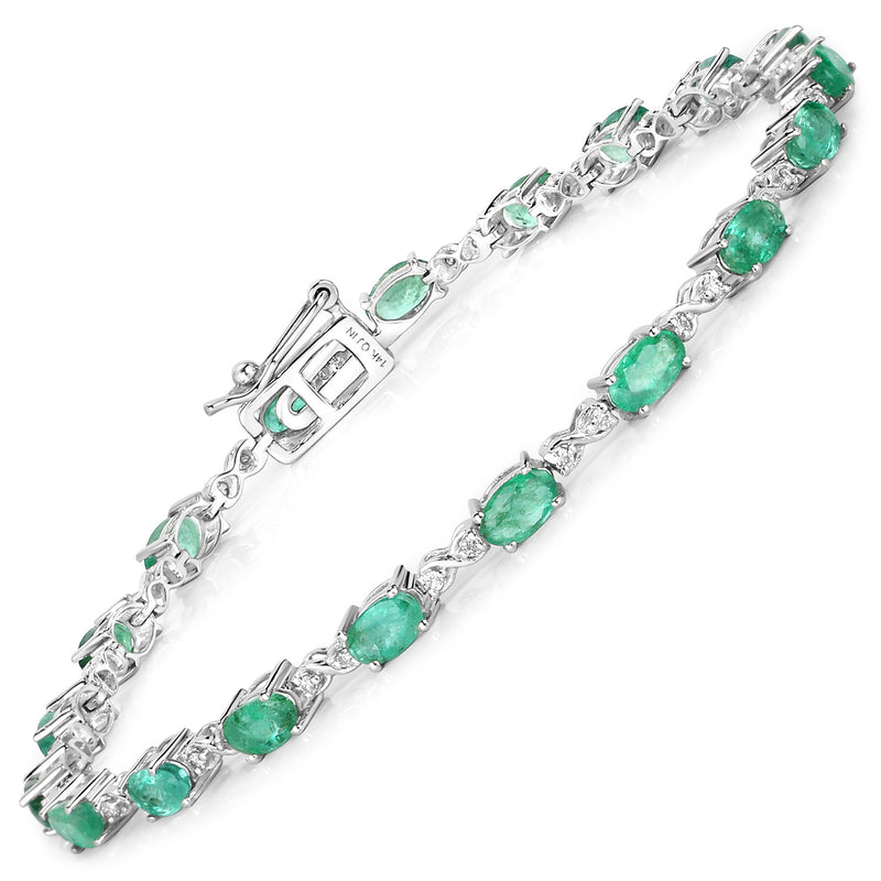 3.86 Carat Genuine Zambian Emerald and White Diamond 14K White Gold Bracelet