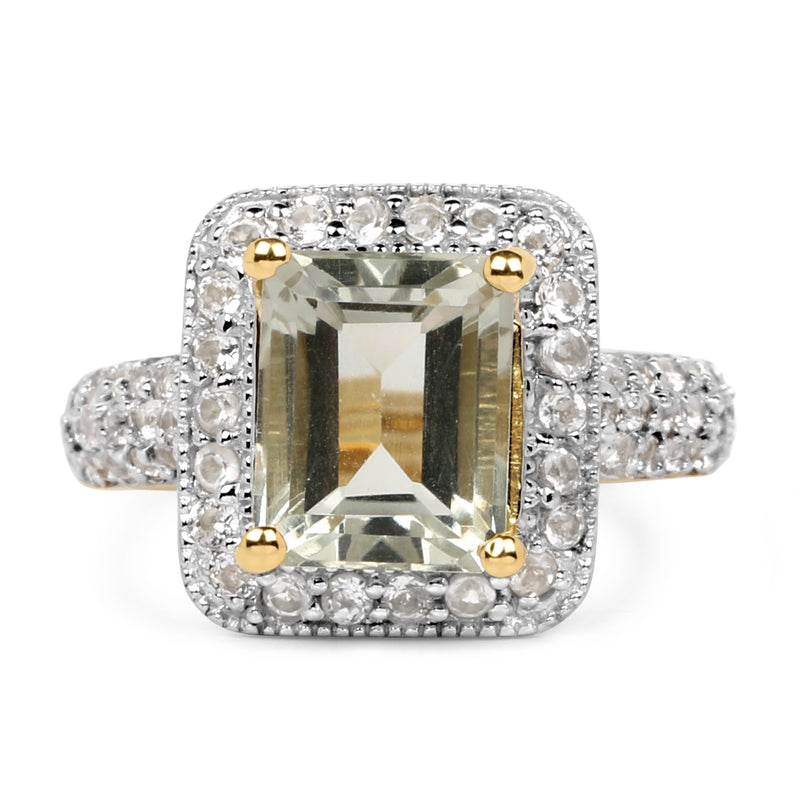 14K Yellow Gold Plated 4.69 Carat Genuine Green Amethyst & White Topaz .925 Sterling Silver Ring