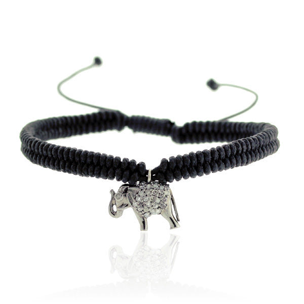 0.21ct Pave Diamond Elephant Charm Macrame Bracelet 925 Silver Jewelry Gift