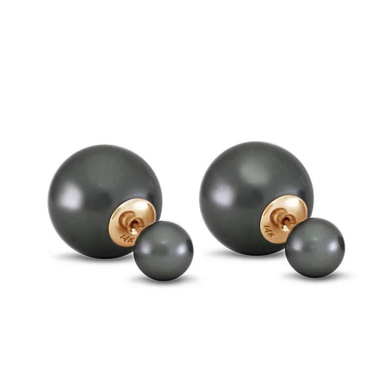 14K Solid Yellow Gold Fashion Style Tribal Double Black Shell Pearls Stud Earrings