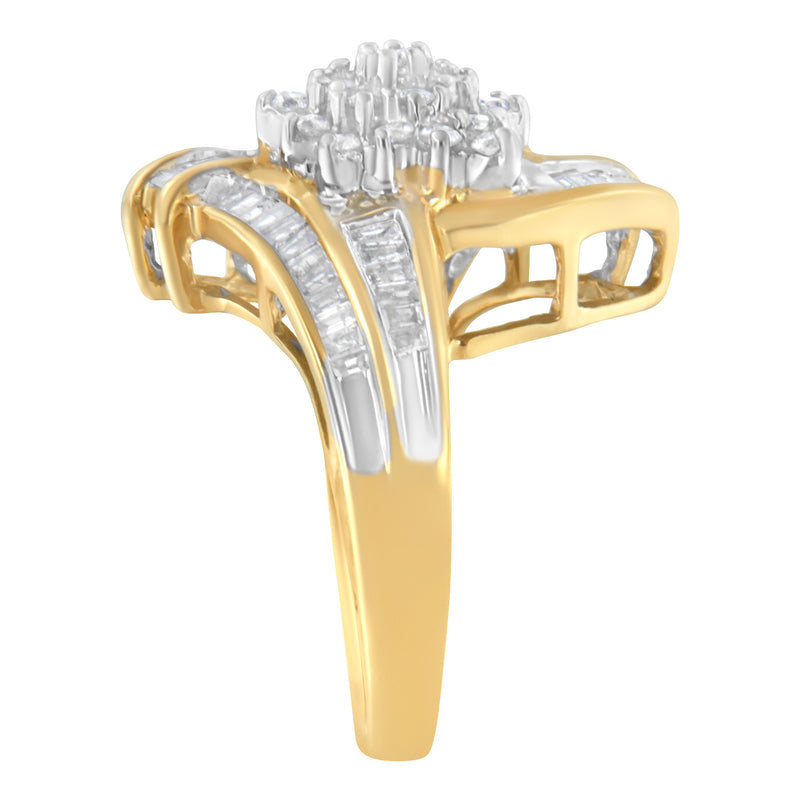 10K Yellow Gold Round and Baguette-Cut Diamond Bypass Cluster Ring (1.0 Cttw, I-J Color, I1-I2 Clarity) - Size 8
