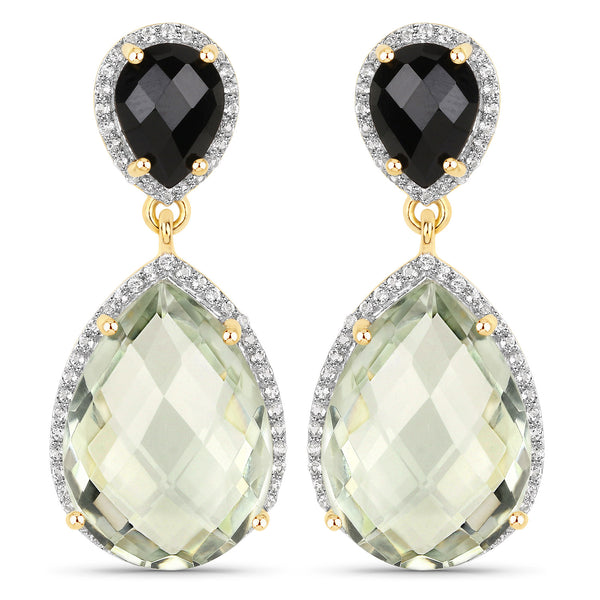 22.84 Carat Genuine Green Amethyst, Black Onyx and White Topaz .925 Sterling Silver Earrings