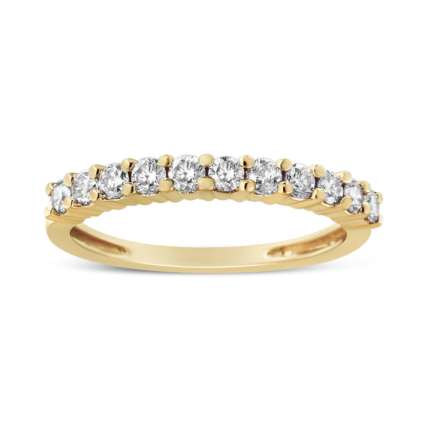 14K Yellow Gold Plated .925 Sterling Silver 1/2 cttw Shared Prong Set Brilliant Round-Cut Diamond 11 Stone Band Ring (J-K Color, I1-I2 Clarity) - Size 7