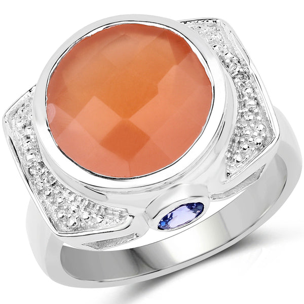 5.99 Carat Genuine Peach Moonstone, Tanzanite and White Topaz .925 Sterling Silver Ring