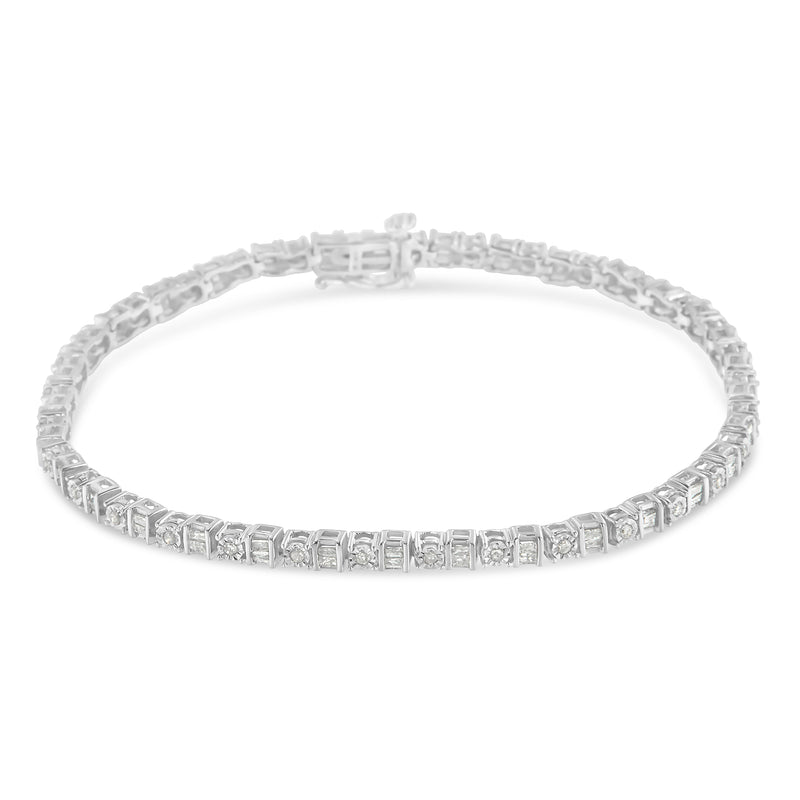 10K White Gold 1.0 Cttw Baguette & Round Diamond Alternating Link Tennis Bracelet (I-J Color, I2-I3 Clarity) - 7”