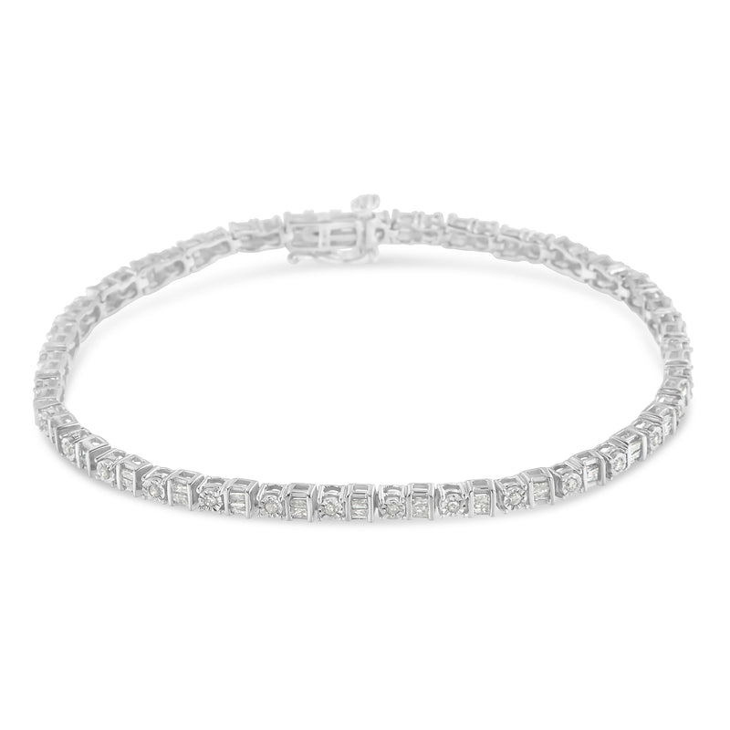 .925 Sterling Silver 1.0 Cttw Round & Baguette Cut Diamond 7" Alternating Round and Square Station Tennis Bracelet (I-J Color, I3 Clarity)