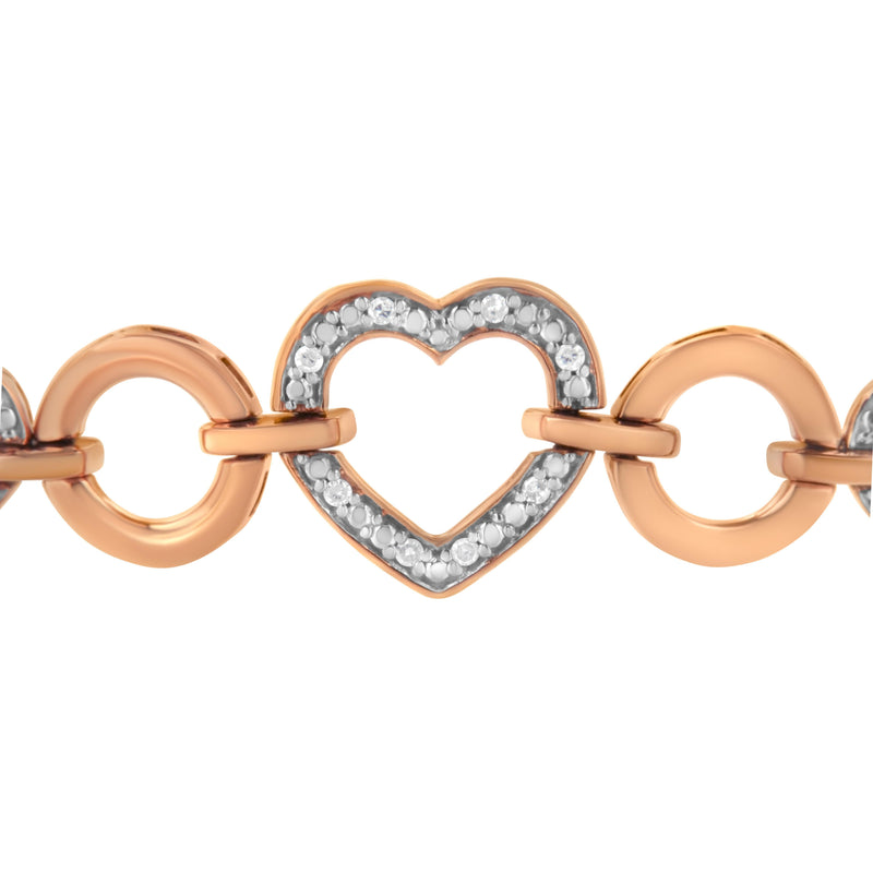 14K Rose Gold Plated .925 Sterling Silver Diamond Accent Circle and Heart Link Adjustable 6”-10” Bolo Bracelet (I-J Color, I3 Clarity)