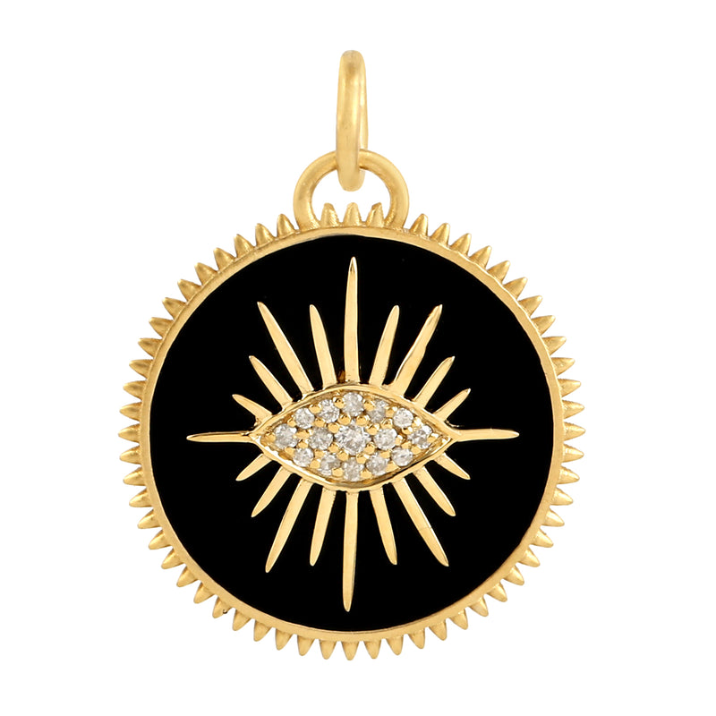 Pave Diamond Eye Design Enamel Charm Pendant 14k Yellow Gold Fine Jewelry