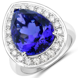 12.32 Carat Genuine Tanzanite and White Diamond 18K White Gold Ring