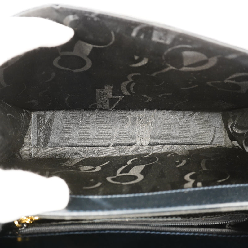Auth Salvatore Ferragamo Handbag Gancio Leather Black Gold Metal