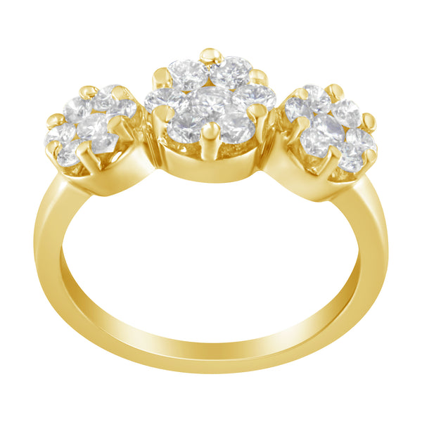 14K Yellow Gold 1-1/4 Cttw Brilliant Cut Diamond Three Round Floral Clusters Engagement or Fashion Ring (H-I Color, SI2-I1 Clarity) - Size 6