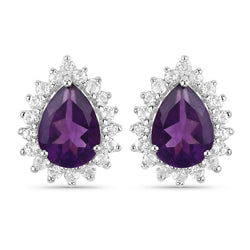 18K White Gold Plated 1.90 Carat Genuine Amethyst and White Topaz .925 Sterling Silver Earrings