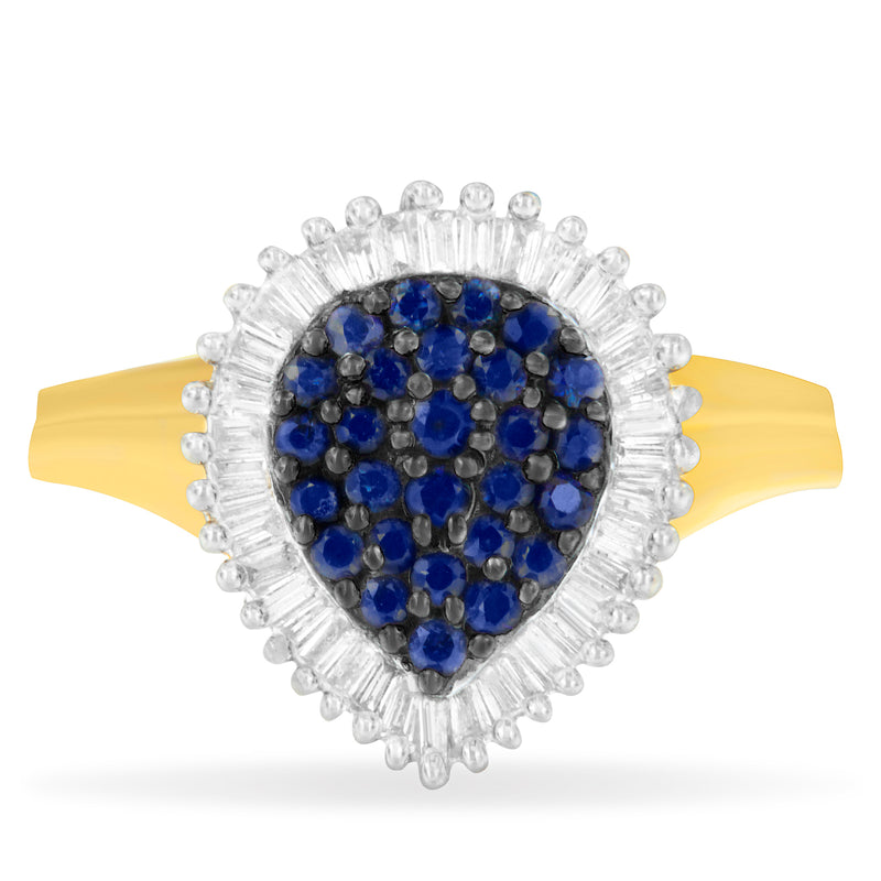 10K Yellow Gold 1ct TDW Round Treated Blue Sapphire Gemstone and Baguette Diamond Ballerina Cluster Ring (H-I SI1-SI2)